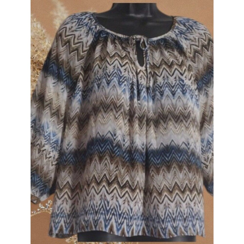 Zac & Rachel Blue and Brown Chevron Print Sheer Blouse Size Medium